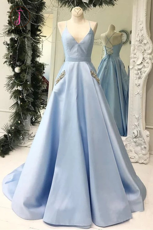 Kateprom Light Blue V Neck Floor Length Satin Prom Dress with Pockets, Cheap Long Formal Dress KPP0979