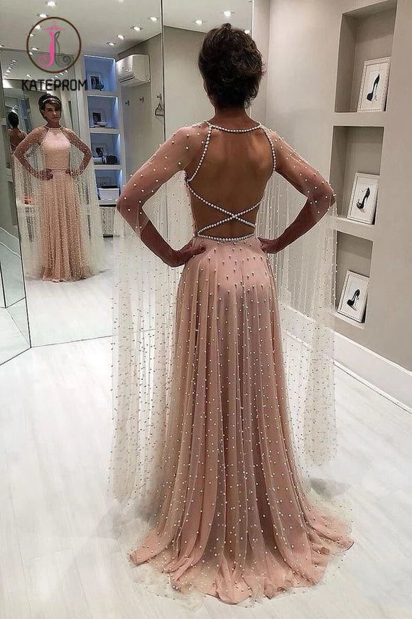 Kateprom Unique A Line Backless Long Prom Dresses with Pearls, Gorgeous Long Evening Dress KPP0980