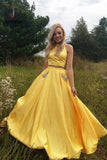 Kateprom Yellow Satin Two Pieces Long Homecoming Dress with Silver Beading, Prom Dress KPP0983