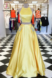 Kateprom Yellow Satin Two Pieces Long Homecoming Dress with Silver Beading, Prom Dress KPP0983