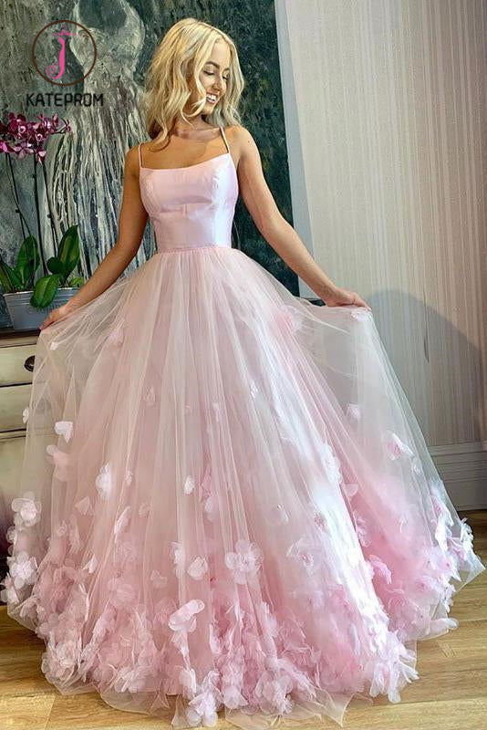 Kateprom Pink Tulle Spaghetti Straps Sweet 16 Prom Dress, Floor Length Tulle Formal Dress KPP0984