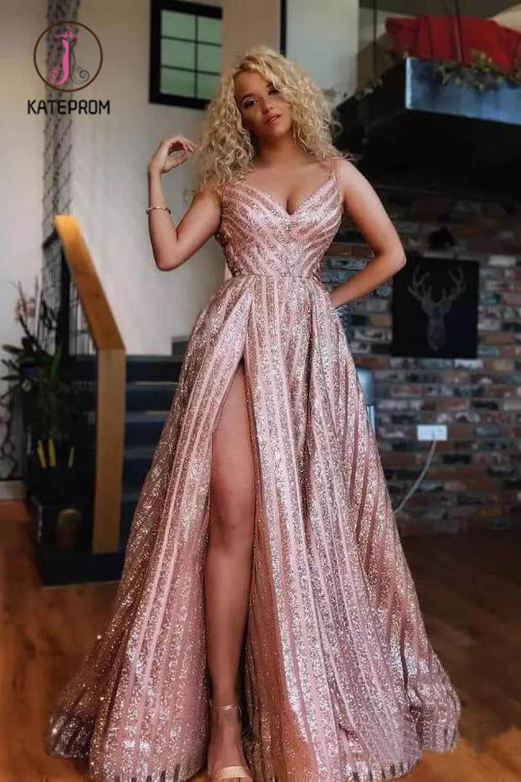 Kateprom Spaghetti Strap V Neck Rose Gold Sequins Prom Dresses Sexy Side Slit Prom Dresses KPP0987