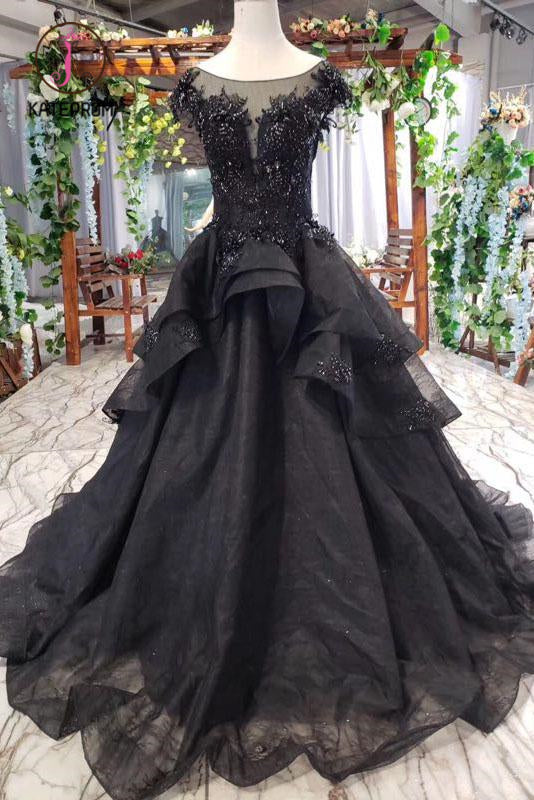 Kateprom Puffy Cap Sleeves Black Long Prom Dress with Appliques, Charming Beading Formal Dress KPP0988