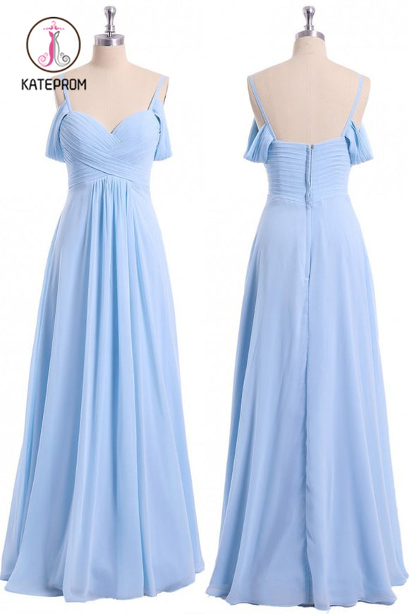 Kateprom Light Sky Blue Off Shoulder Spaghetti Strap Chiffon Dresses, Floor Length Formal Dress KPP0989