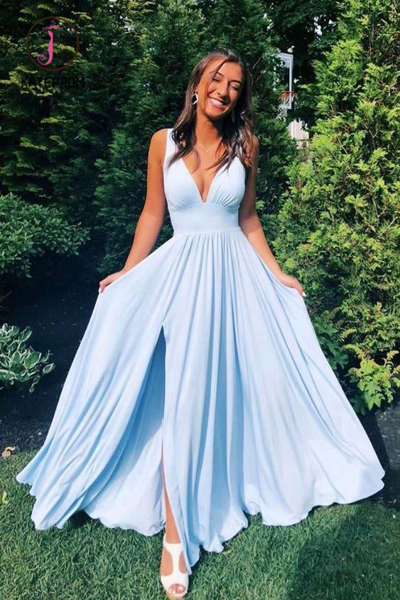 Kateprom Deep V Neck Light Blue Long Prom Dresses, Simple Flowy Bridesmaid Dresses KPP0993