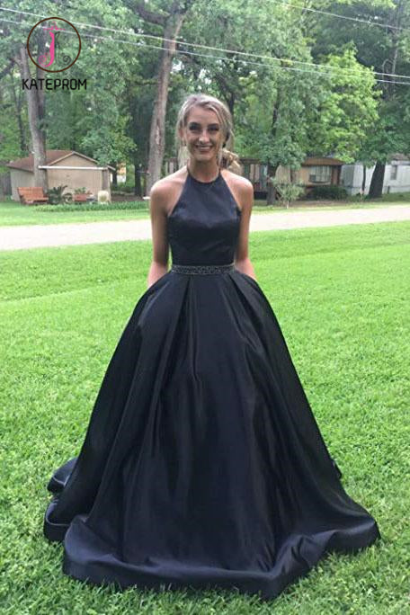 black halter top prom dress Kateprom Black Halter Satin Prom Dress with Beading, Long Evening Dres – kateprom