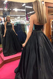 Kateprom Black Halter Satin Prom Dress with Beading, Long Evening Dress with Pockets KPP0994