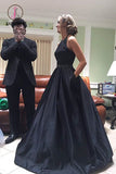 Kateprom Black Halter Satin Prom Dress with Beading, Long Evening Dress with Pockets KPP0994