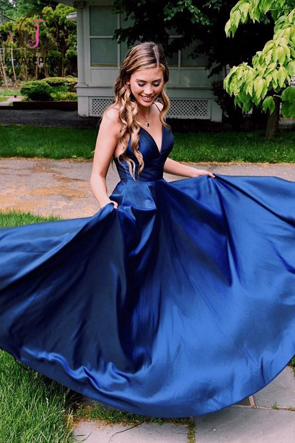 Kateprom Royal Blue Simple V Neck Satin Prom Dress, A Line Spaghetti S kateprom Kateprom Royal Blue Simple V Neck Satin Prom Dress, A Line Spaghetti S kateprom