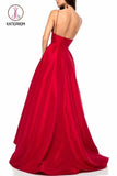 Kateprom Royal Blue Simple V Neck Satin Prom Dress, A Line Spaghetti Straps Long Evening Dress KPP0996