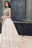 Kateprom Unique V Neck Tulle Lace Long Prom Dress Tulle V Back Evening Dress with Train KPP1000