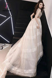 Kateprom Unique V Neck Tulle Lace Long Prom Dress Tulle V Back Evening Dress with Train KPP1000