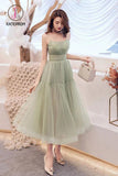 Kateprom Simple Green Tulle Spaghetti Strap Sleeveless Pleated Prom Dresses, A Line Party Dress KPP1001
