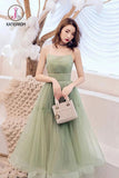 Kateprom Simple Green Tulle Spaghetti Strap Sleeveless Pleated Prom Dresses, A Line Party Dress KPP1001