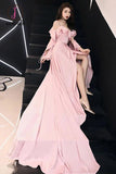 Kateprom Spaghetti Straps Simple Pink Chiffon Long Prom Dress A Line Evening Dress with Ruffle KPP1002