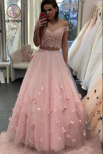 Kateprom Two Piece Floor Length Tulle Prom Dress with Lace, Long Off the Shoulder Dress with Flower KPP1003