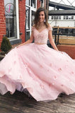Kateprom Two Piece Floor Length Tulle Prom Dress with Lace, Long Off the Shoulder Dress with Flower KPP1003