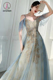 Kateprom Unique V Neck Long Tulle Party Dress with Lace, Sexy Sleeveless Long Prom Gown KPP1005