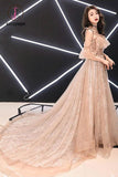 Kateprom Charming Straps Flowy Tulle Lace Prom Dress with Train, A Line Evening Dress with Ruffles KPP1006