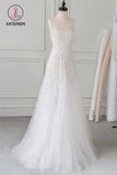 Kateprom White Spaghetti Straps Lace Tulle Evening Dress, Floor Length Prom Dress with Beads KPP1007
