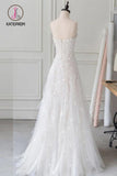 Kateprom White Spaghetti Straps Lace Tulle Evening Dress, Floor Length Prom Dress with Beads KPP1007