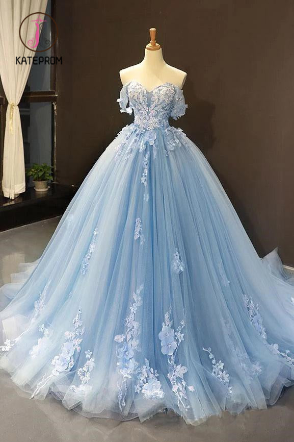 Kateprom Light Sky Blue Off the Shoulder Ball Gown Tulle Prom Dress with Applique KPP1008