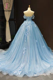 Kateprom Light Sky Blue Off the Shoulder Ball Gown Tulle Prom Dress with Applique KPP1008