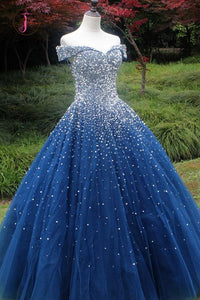 Kateprom Sparkle Off the Shoulder Blue Ball Gown Prom Dresses, Puffy Tulle Quinceanera Dresses KPP1010