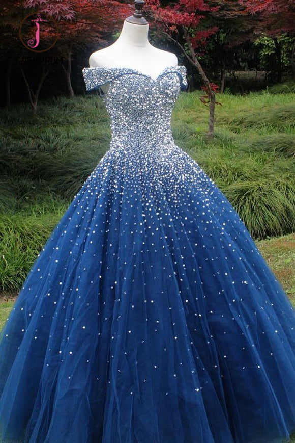 Kateprom Sparkle Off the Shoulder Blue Ball Gown Prom Dresses, Puffy Tulle Quinceanera Dresses KPP1010