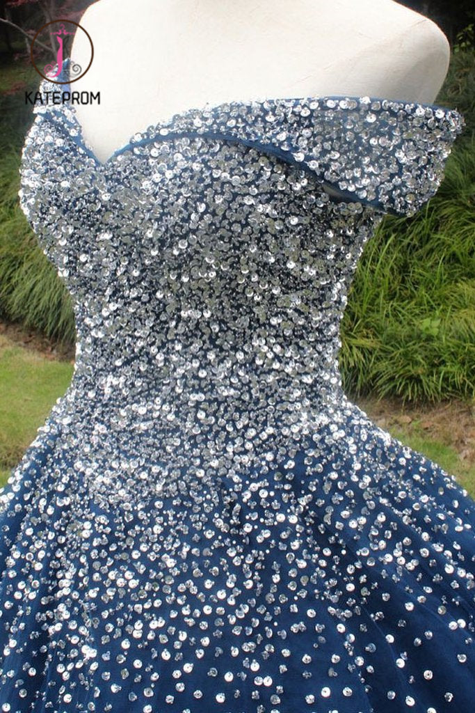 Kateprom Sparkle Off the Shoulder Blue Ball Gown Prom Dresses, Puffy T kateprom Kateprom Sparkle Off the Shoulder Blue Ball Gown Prom Dresses, Puffy T kateprom