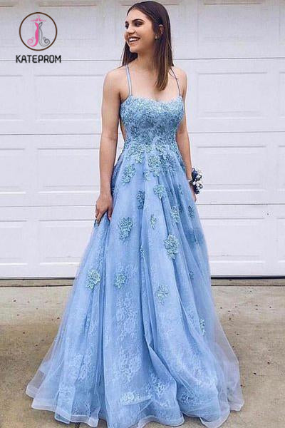 Kateprom Blue Lace Tulle Spaghetti Straps Long Prom Dress, Evening Dress With Lace Applique KPP1011