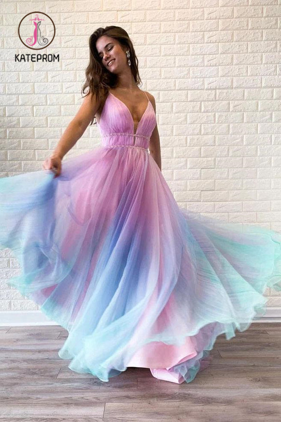 Kateprom Ombre Spaghetti Straps Sleeveless A Line Prom Dress, Flowy Ombre Party Dresses KPP1013