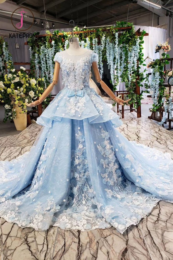 Kateprom Light Sky Blue Gorgeous Prom Dress with Flowers, Ball Gown Quinceanera Dress with Beads KPP1014
