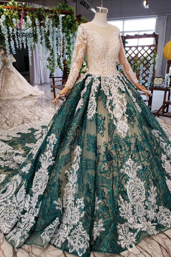 Kateprom Green Long Sleeves Ball Gown Lace Prom Dress with Appliques, Long Prom Gown KPP1015
