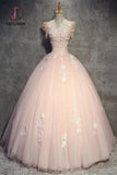 Kateprom Light Peach Tulle Long Prom Dress with Flowers, Princess Ball Gown Sheer Neck Party Dress KPP1016