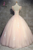 Kateprom Light Peach Tulle Long Prom Dress with Flowers, Princess Ball Gown Sheer Neck Party Dress KPP1016