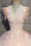 Kateprom Light Peach Tulle Long Prom Dress with Flowers, Princess Ball Gown Sheer Neck Party Dress KPP1016