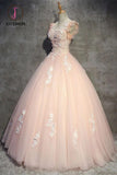 Kateprom Light Peach Tulle Long Prom Dress with Flowers, Princess Ball Gown Sheer Neck Party Dress KPP1016