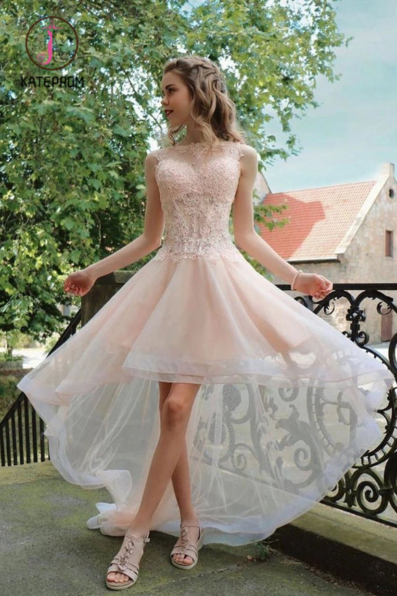 Kateprom Light Pink High Low Sleeveless Tulle Prom Dress with Lace, Cute Hi Lo Party Dresses KPP1020