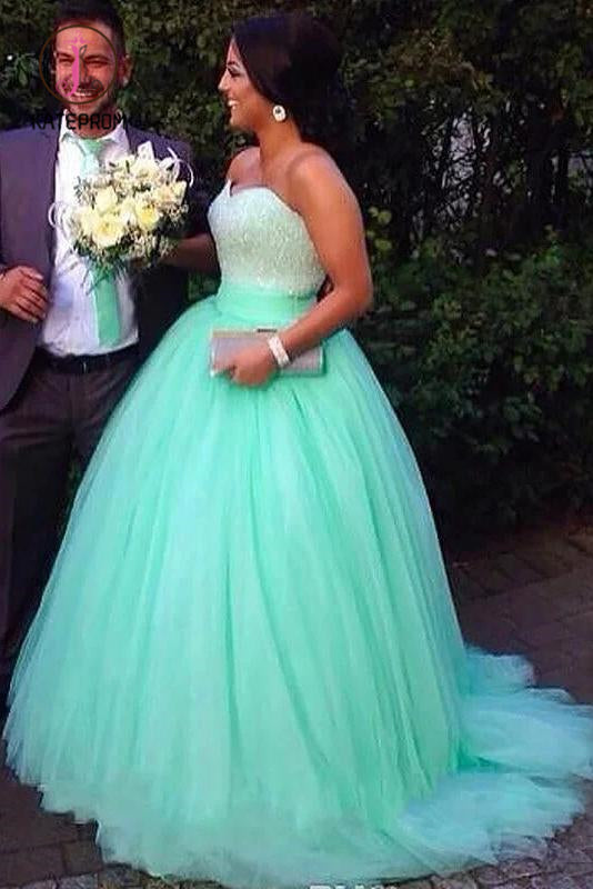 Kateprom Ball Gown Sleeveless Sweetheart Tulle Brush Train Beading Plus Size Prom Dresses KPP1023