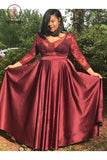 Kateprom A Line V Neck Satin Prom Dress with 3/4 Sleeves, Floor Length Appliques Plus Size Dress KPP1024