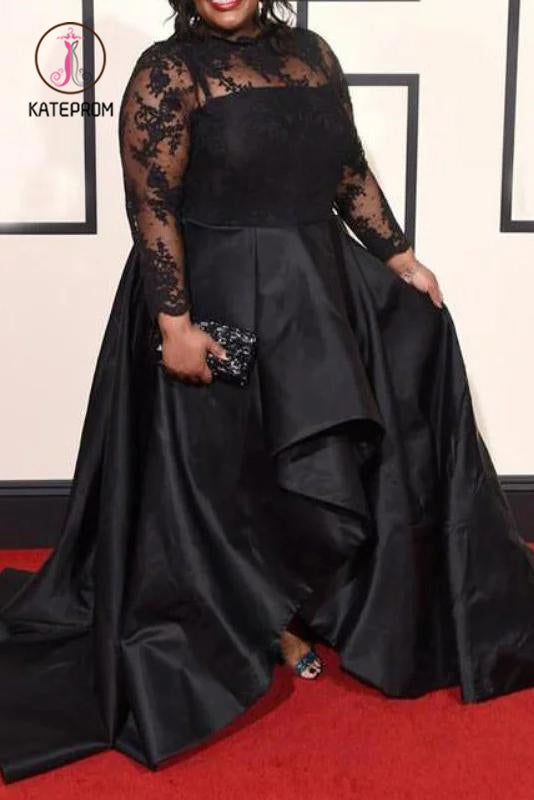 Kateprom Black Long Sleeves Satin Plus Size Prom Dress with Lace, Long kateprom Kateprom Black Long Sleeves Satin Plus Size Prom Dress with Lace, Long kateprom