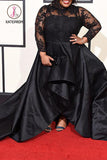 Kateprom Black Long Sleeves Satin Plus Size Prom Dress with Lace, Long Prom Gown KPP1025