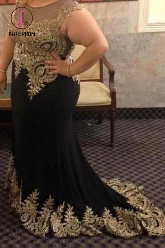 Kateprom Black Mermaid Sleeveless Plus Size Prom Dress with Lace Appliques, Plus Size Dress KPP1028
