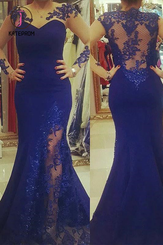 Kateprom Royal Blue Plus Size Mermaid Prom Dress with Sheer Sleeves, Plus Size Dress with Lace KPP1026