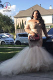 Kateprom Mermaid Off-the-Shoulder Long Sleeves Applique Court Train Tulle Plus Size Dresses KPP1032