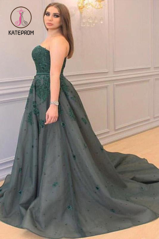 Kateprom Princess Sweetheart Sleeveless Applique Court Train Tulle Plus Size Prom Dresses KPP1036