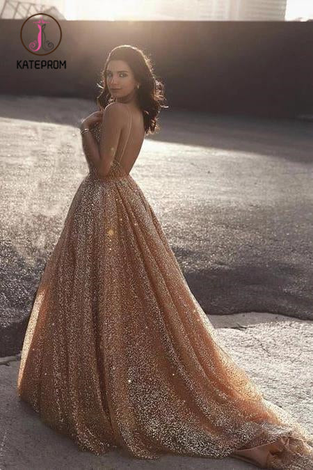 Kateprom Glitter A Line Elegant Long Prom Dress, Spaghetti Straps Evening Party Dresses KPP1042