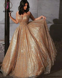 Kateprom Glitter A Line Elegant Long Prom Dress, Spaghetti Straps Evening Party Dresses KPP1042
