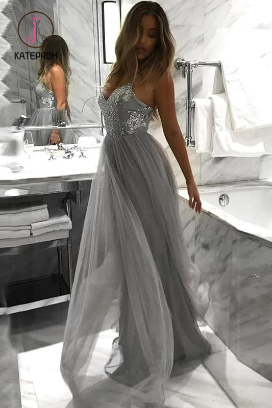 Kateprom Spaghetti Straps Grey A Line Tulle Long Prom Dress, Floor Length Appliques Prom Gown KPP1043